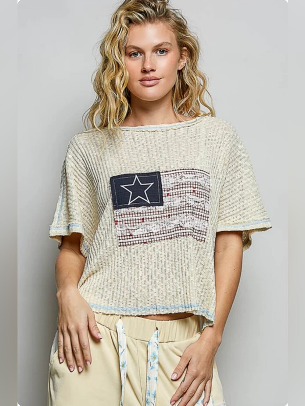 POL Cream Waffle-Knit Short Sleeve Top with Flag Patch